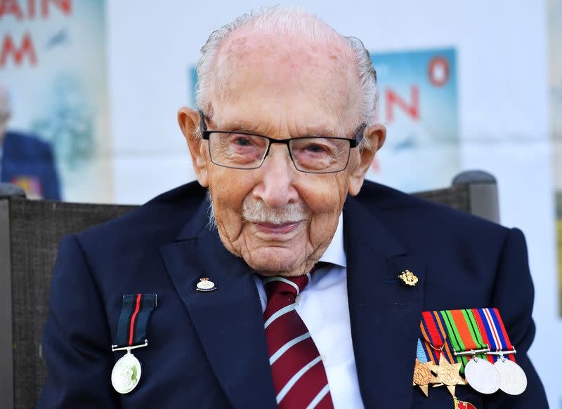 Captain Sir Tom Moore smiles as he launches his autobiography book at his home in Milton Keynes