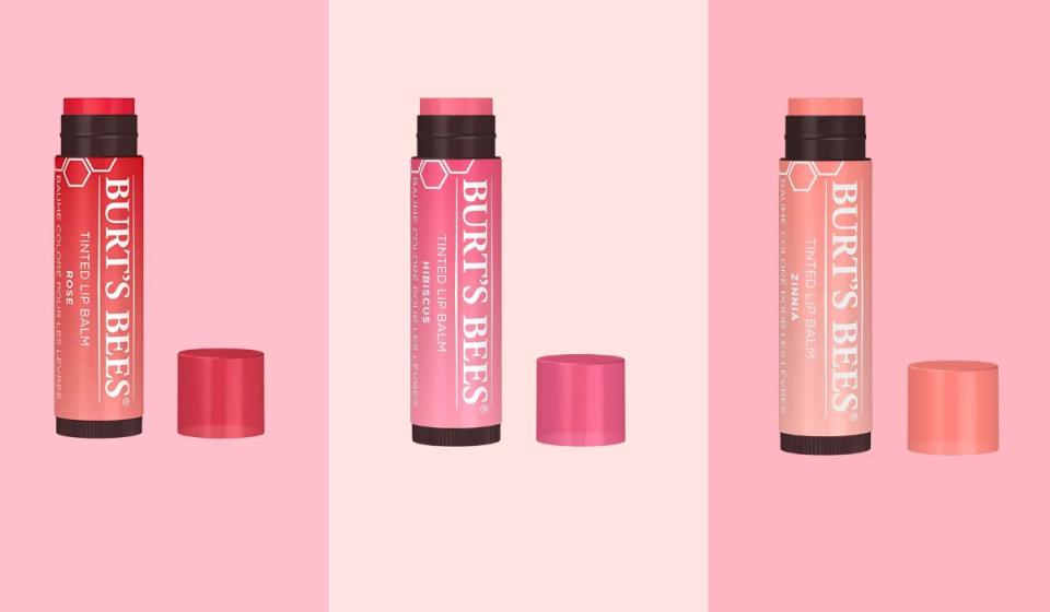 Burt's Bees Lip Balm shades in rose, hibiscus and zinnia.  (Photo: Amazon)