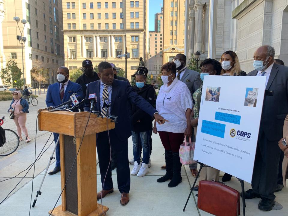 Shaka Johnson, a lawyer who also represented the family of Philadelphia police shooting victim Walter Wallace, speaking a press conference at Philadelphia's City Hall in 2020.