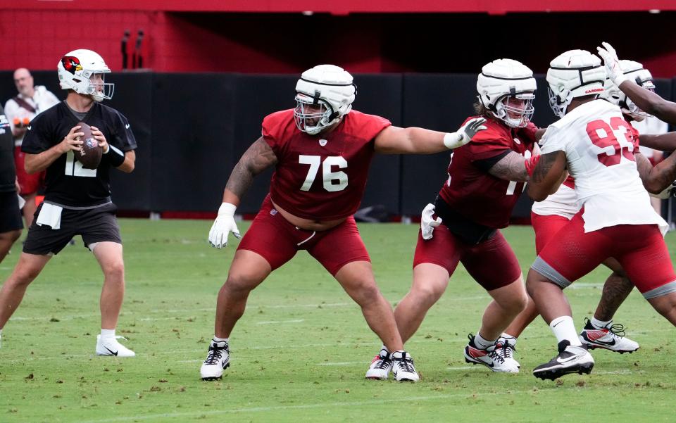 Jul 28, 2023; Glendale, AZ, USA; Arizona Cardinals guard Will Hernandez (76) during training camp at State Farm Stadium. Mandatory Credit: Rob Schumacher-Arizona Republic