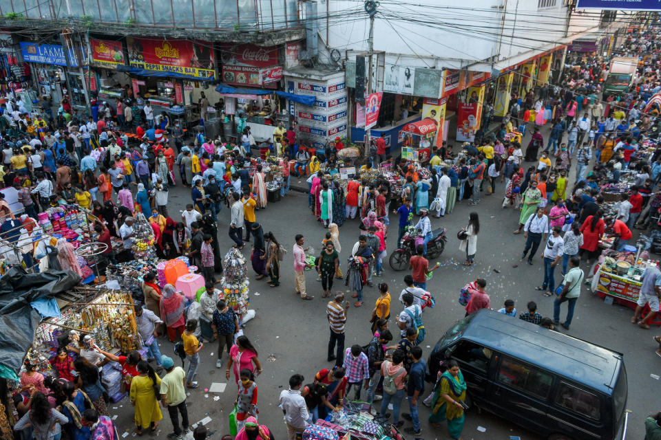 Shoppers flung to New market shopping center in Kolkata ahead of Durga puja festival in the city amidst the growing number of COVID-19 cases in the city . No social distancing or proper usage of mask found among the shoppers. India today stands as the second highest affected country in the world , with daily infection count making records regularly. (Photo by Debarchan Chatterjee/NurPhoto via Getty Images)