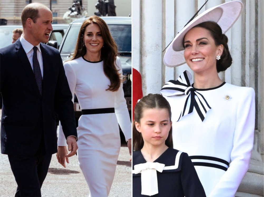 Prinzessin Kate trug das weiße Kleid bereits im Mai 2023 (l.), fügte nun aber einige Details hinzu. (Bild: imago/Cover-Images / IMAGO/UPI Photo)