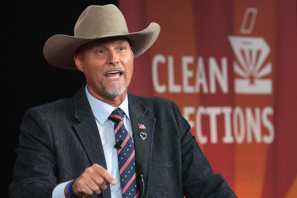 Republican candidate Mark Lamb speaks during the U.S. Senate primary Clean Elections debate at BitFire Studios in Phoenix on June 26, 2024.