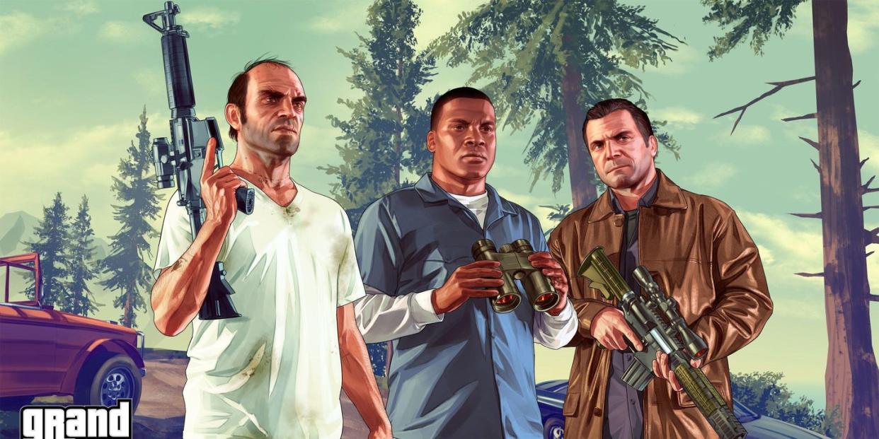 grand theft auto v three main protagonists brandishing guns and binoculars