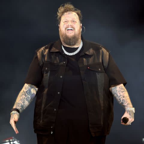 <p>Amy Sussman/Getty</p> Jelly Roll performs at Stagecoach in Indio in April 2024