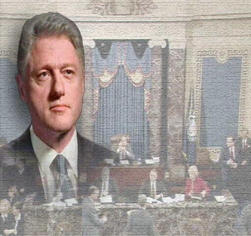 Bill Clinton headshot over subdued image of US Senate chamber at beginning of impeachment proceedings, partial graphic