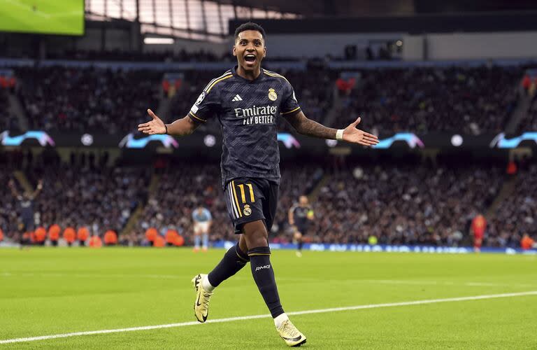 Rodrygo festeja el gol convertido ante Manchester City en Abril, en el Etihad Stadium de Manchester