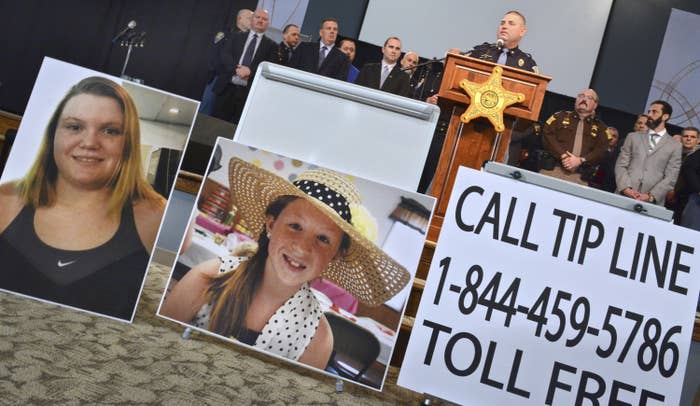 In this Feb. 22, 2017, file photo, Indiana State Police provide the latest details of the investigation into the killings of teenage girls Liberty German (left) and Abigail Williams in Delphi, Indiana.