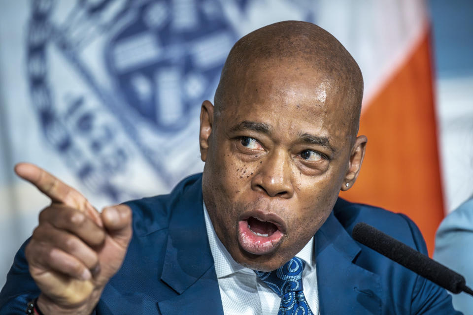 New York City Mayor Eric Adams speaks during a press conference at City Hall in New York, Tuesday, March 19, 2024. (AP Photo/Eduardo Munoz Alvarez)