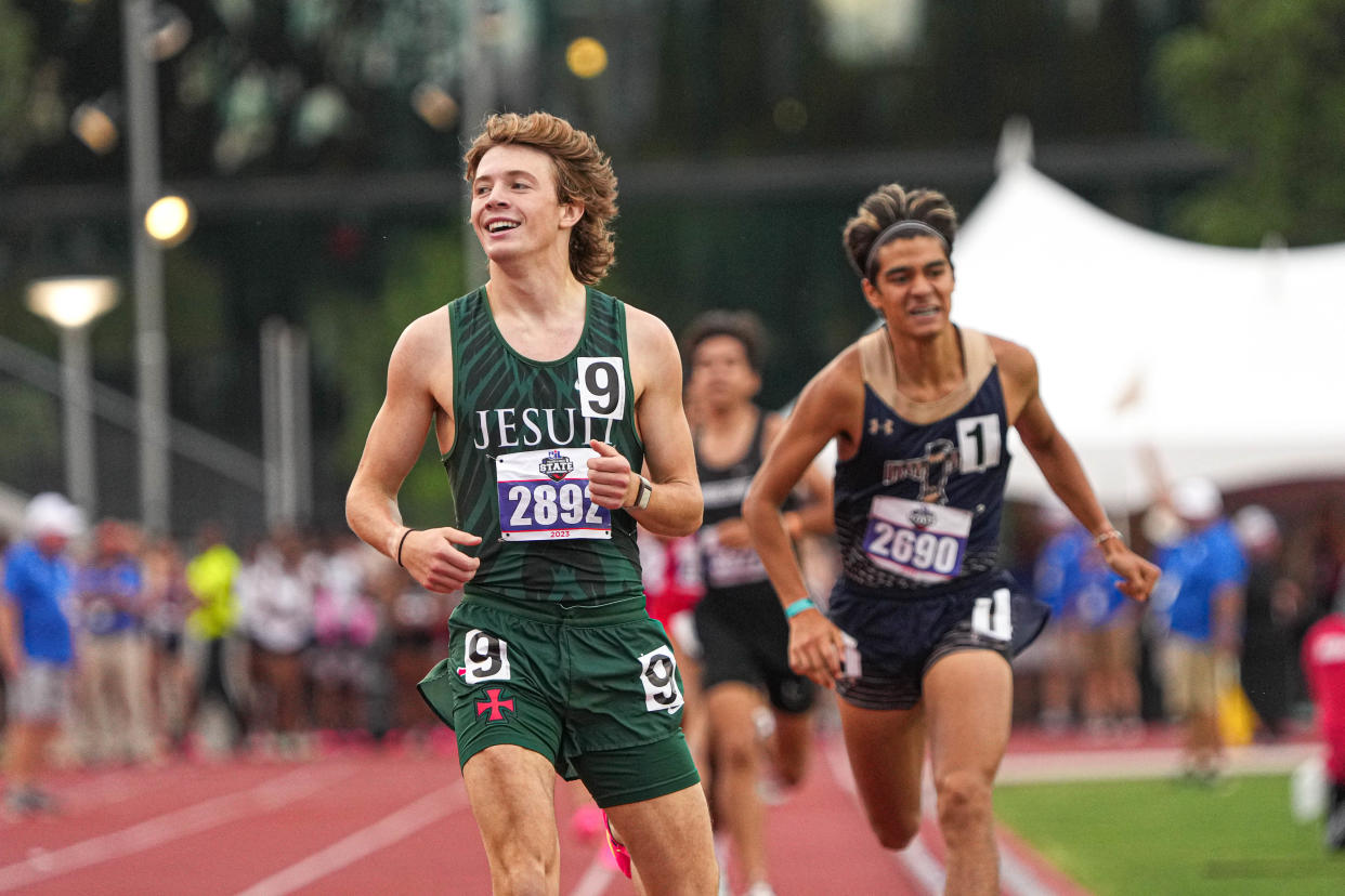 Dallas Jesuit's Reese Vannerson celebrates winning the Class 6A boys 1,600-meter run at last year's UIL state track and field meet at Myers Stadium. This year's state meet is May 2-4.