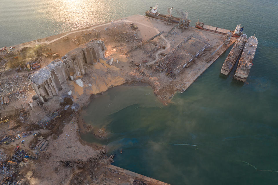  An aerial view of ruined structures at the Port of Beirut. (Getty)