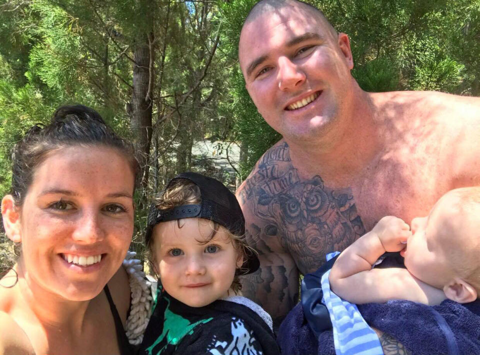 Amy and Sam, pictured with their children Darcy, two, and Leo, one. Source: Supplied/Amy Hambly