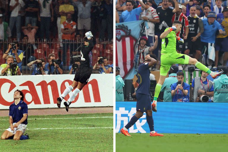 Sergio Goycochea festeja su atajada ante el italiano Roberto Donadoni y Emiliano "Dibu" Martínez celebra la suya contra el francés Kingsley Coman; ambos arqueros se convirtieron en iconos argentinos en definiciones por penales en mundiales.