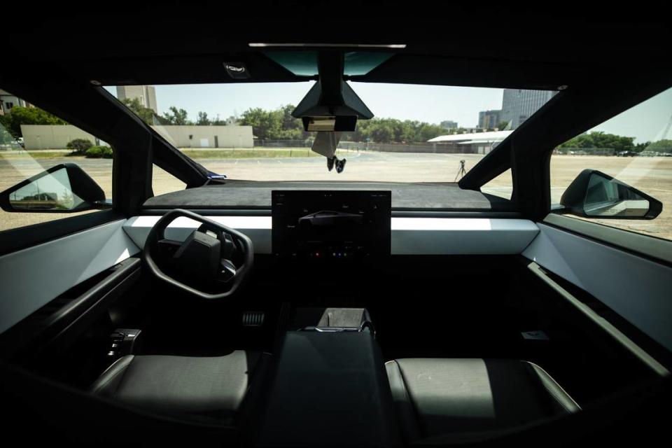 The interior of a Tesla Cybertruck has a minimalistic style while including a large screen that controls the majority of the car’s functions as seen on Friday, August 2, 2024.