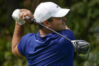 Patrick Reed, of the United States, plays his shot from the 14th tee during the first round of the US Open Golf Championship, Thursday, Sept. 17, 2020, in Mamaroneck, N.Y. (AP Photo/Charles Krupa)