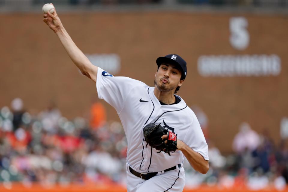 Tigers pitcher Alex Faedo pitches in the first inning against the Guardians on Saturday, May 28, 2022, at Comerica Park.