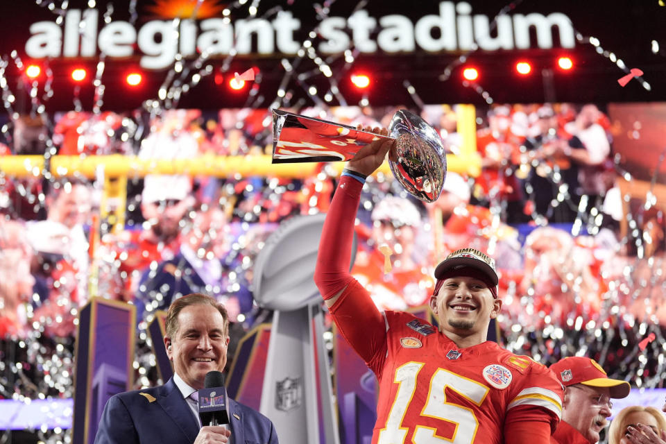 Kansas City Chiefs quarterback Patrick Mahomes holds the Vince Lombardi Trophy after the 2024 Super Bowl against the San Francisco 49ers Sunday, Feb. 11, 2024, in Las Vegas.  (Ashley Landis / AP)