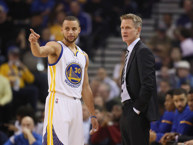 Steve Kerr and Stephen Curry talk percentages. (Getty Images)