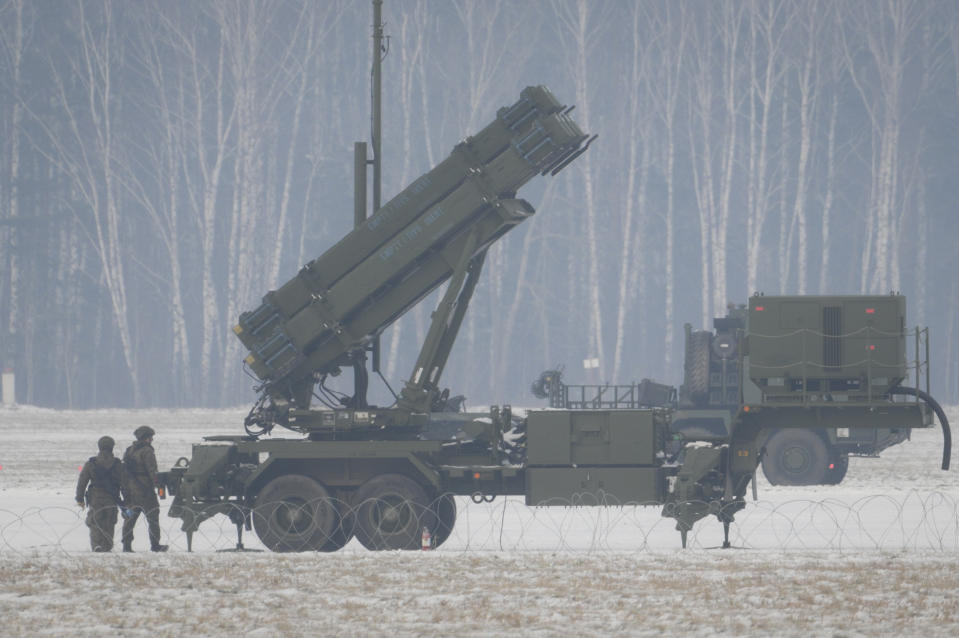 Patriot surface-to-air  missile systems are seen at Warsaw Babice Airport in the Bemowo district of Warsaw, Poland on 06 February, 2023. Patriot missile systems purchased by Poland from the US last year have been redeployed to the Polish captial for military exercises as the war in neighbouring Ukraine enters its second year. (Photo by Jaap Arriens/NurPhoto via Getty Images)