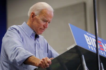 Democratic 2020 U.S. presidential candidate and former Vice President Joe Biden pauses while speaking at a campaign stop in Manchester, New Hampshire, U.S., May 13, 2019. REUTERS/Brian Snyder