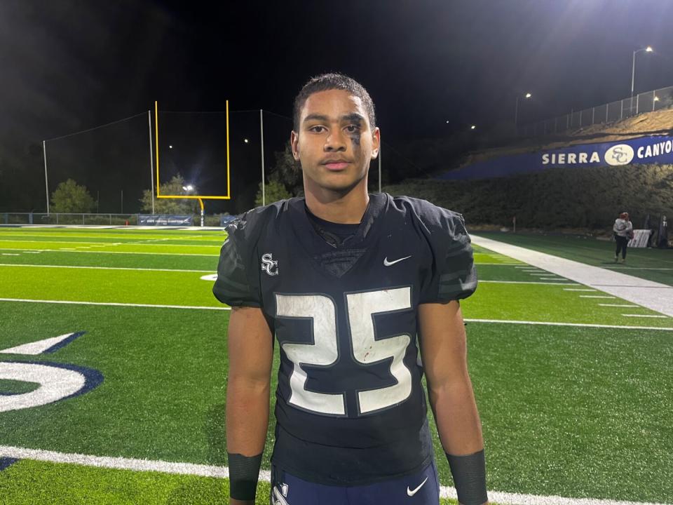 Sierra Canyon High sophomore running back Dane Dunn wears his eye black vertically around his left eye.