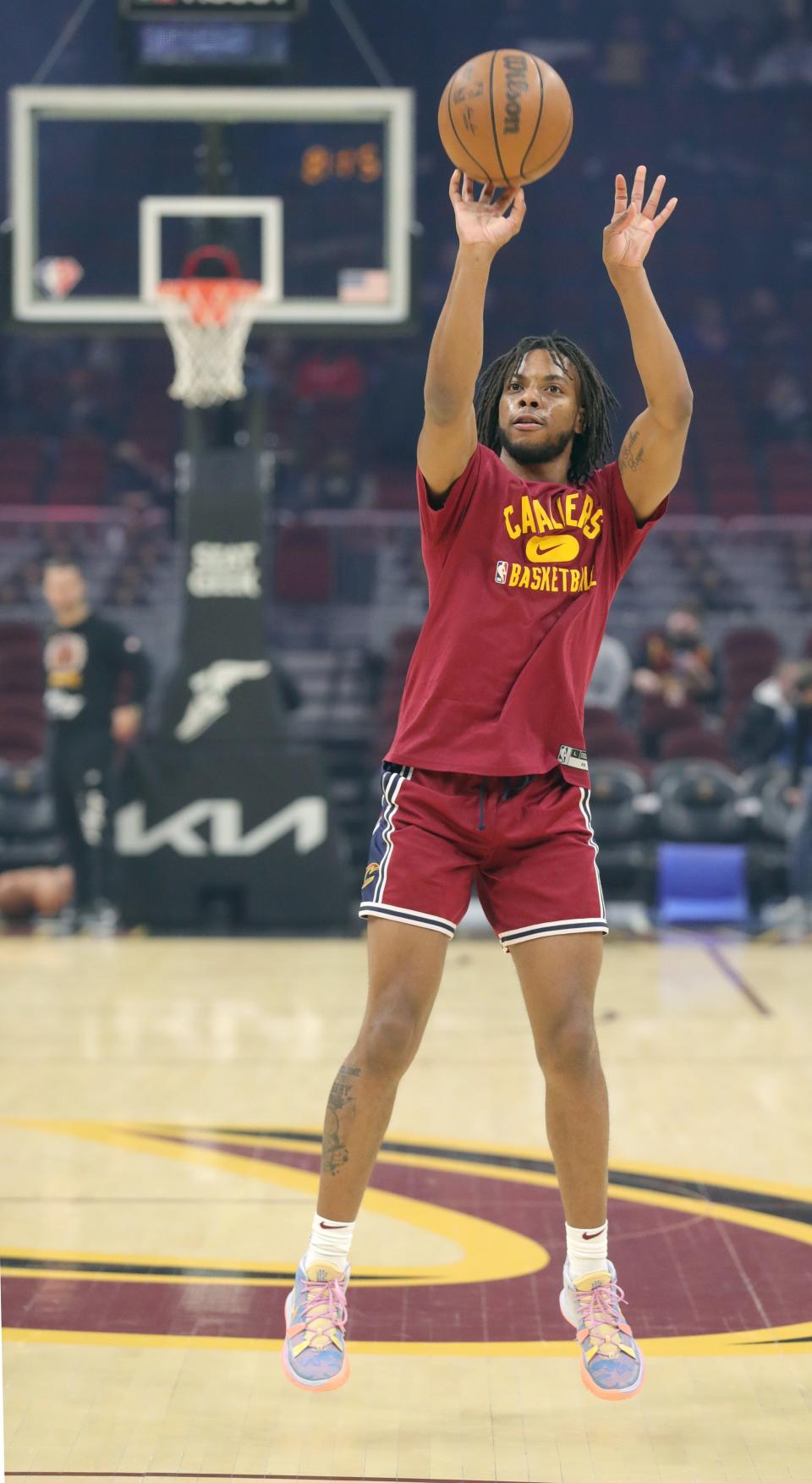 Cleveland Cavaliers Darius Garland works on his shooting before the game against the Minnesota Timberwolves  on Monday Feb. 28, 2022 in Cleveland, Ohio.  [Phil Masturzo/ Beacon Journal] 