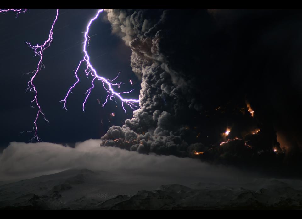 The Eyjafjallajoekull volcano erupting on April 16, 2010 in Eyjafjallajokull, Iceland. The continued eruption of the Eyjafjallajokull volcano has brought closed European airspace for a third day and looking at these incredible pictures it may continue to do so for some time. Full time comet scientist and part time volcano photographer Marco Fulle flew at sunset over the volcano to shoot these incredible images. (Photo by Marco Fulle / Barcroft Media / Getty Images)