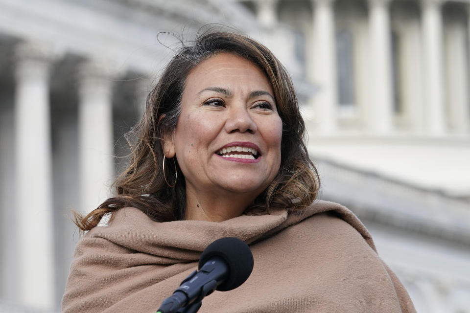 FILE - Rep. Veronica Escobar, D-Texas, speaks during a news conference on Dec. 8, 2022, on Capitol Hill in Washington. “My frustration has been that we are not addressing immigration in a holistic way as a country. We are depending on the president alone," said Rep. Veronica Escobar of Texas, a Democrat who represents the border city of El Paso and is a national co-chair of the Biden re-election campaign. "We are treating people from different nationalities in a different way. And the pathways that have been created are being challenged in court consistently.” (AP Photo/Mariam Zuhaib, File)