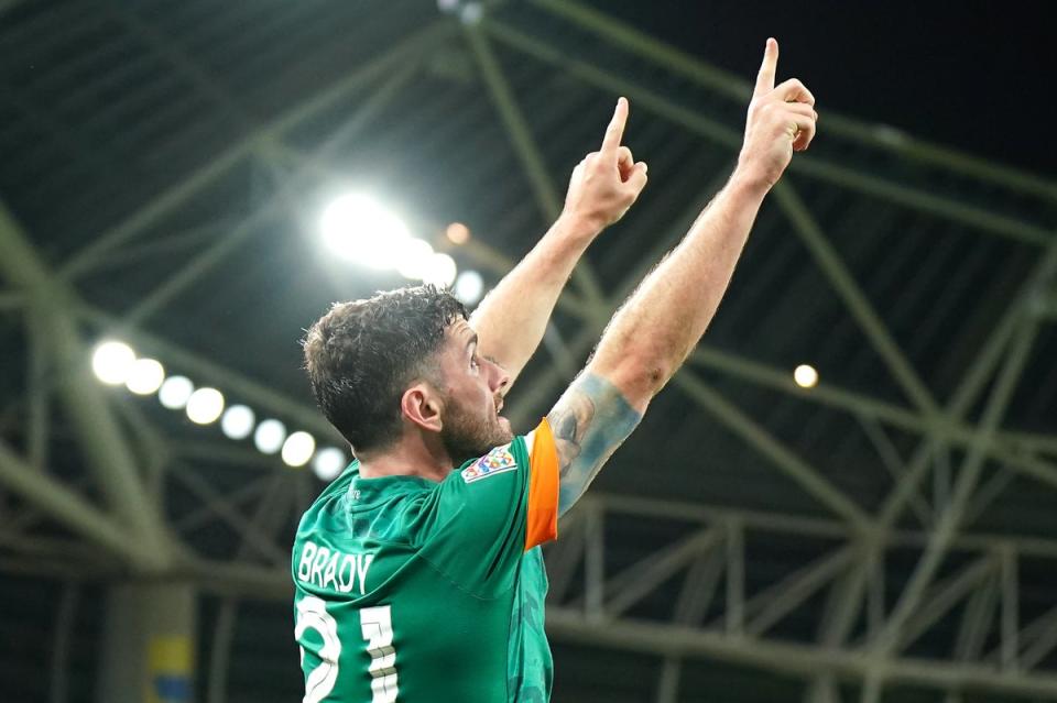 Robbie Brady celebrates after firing the Republic of Ireland to Nation League victory over Armenia from the penalty spot (Niall Carson/PA) (PA Wire)