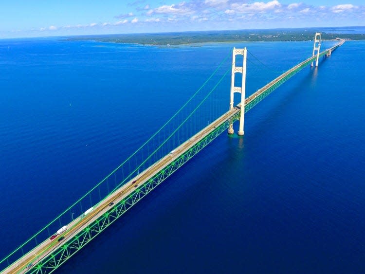 An aerial view of Mackinac Bridge in Michigan