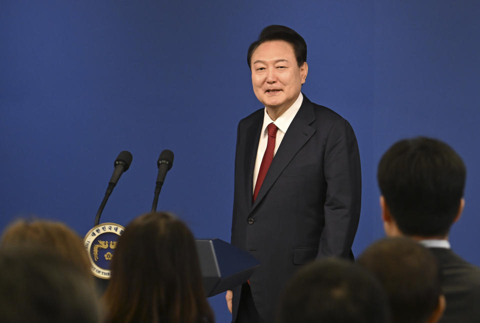 South Korean President Yoon Suk Yeol attends a press conference marking his second year in office at the presidential office in Seoul, South Korea Thursday, May 9, 2024. (Song Kyung-seok/Pool Photo via AP)