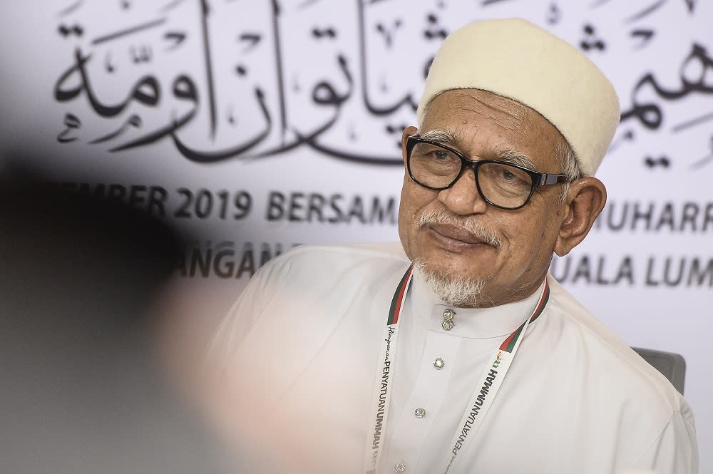 PAS president Datuk Seri Abdul Hadi Awang at the Himpunan Penyatuan Ummah (Muslim Unity Rally) at the Putra World Trade Centre in Kuala Lumpur September 14, 2019. — Picture by Miera Zulyana