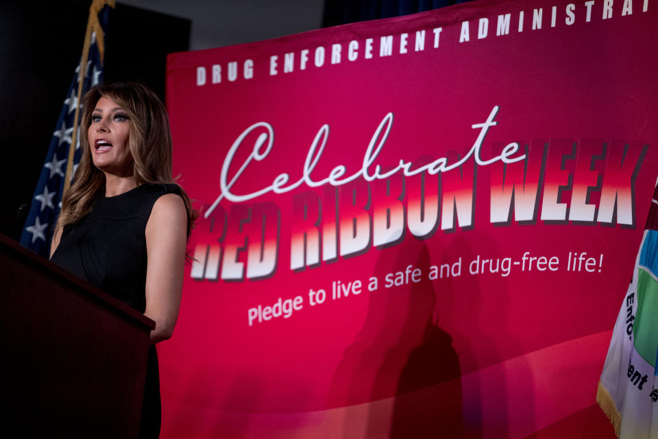 First lady Melania Trump speaks at a Red Ribbon Rally at the Drug Enforcement Agency in Arlington, Va., Monday, Oct. 7, 2019.(AP Photo/Andrew Harnik)