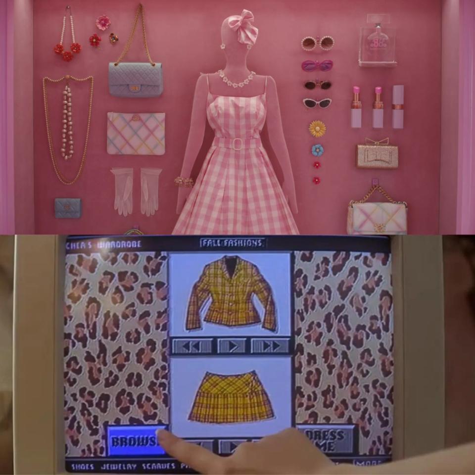 top: barbie's closet in barbie, featuring a pink dress and laid out accessories; bottom: the virtual closet in clueless, showing a selection option for a skirt and jacket on a computer screen