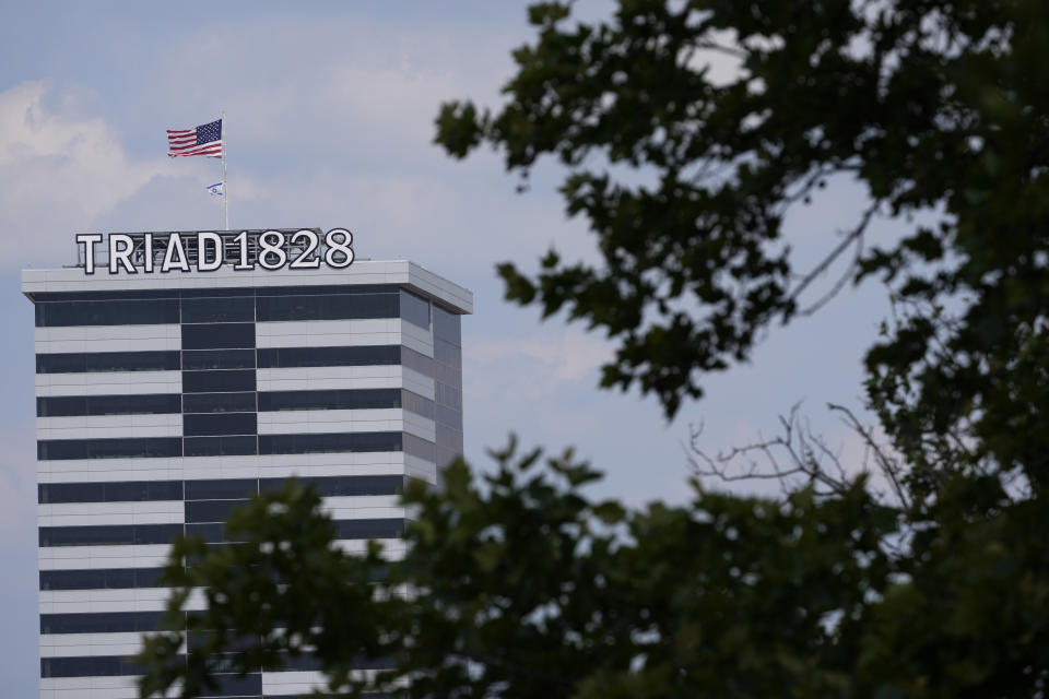 The Triad1828 building is seen on the Camden, N.J. skyline, Monday, June 17, 2024, photographed from across the Delaware River in Philadelphia. (AP Photo/Matt Slocum)