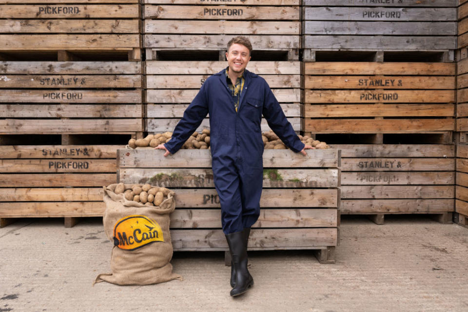 Roman Kemp poses at a McCain farm to launch the brand's new "Let's All Chip In" on July 10, 2023 in Oxford, England. (Photo by Jeff Spicer/Getty Images for McCain)