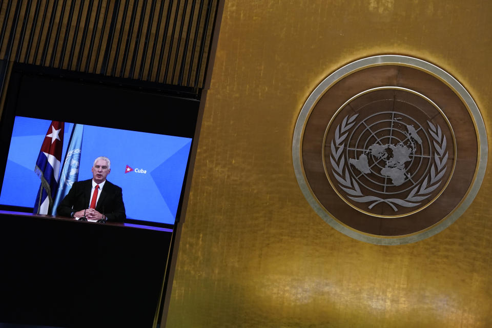 In a pre-recorded message, Miguel Díaz Canel Bermúdez, President of Cuba addresses the 76th Session of the U.N. General Assembly at United Nations headquarters in New York, on Thursday, Sept. 23, 2021. At the United Nations General Assembly, African and Caribbean countries that stand to benefit from reparations were backed by other nations, though those most responsible for slavery and colonialism said little about what they might owe to African descendants. (Timothy A. Clary/Pool Photo via AP)