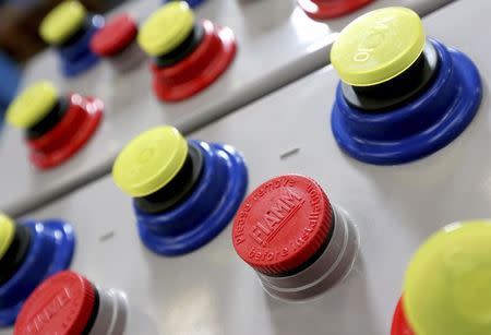 FIAMM batteries are seen in this photo illustration taken at the battery maker's factory in Avezzano, near L'Aquila, November 28, 2014. REUTERS/Alessandro Bianchi