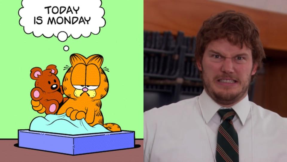 Chris Pratt to voice Garfield, split image of Garfield in bed and Chris Pratt making a funny face