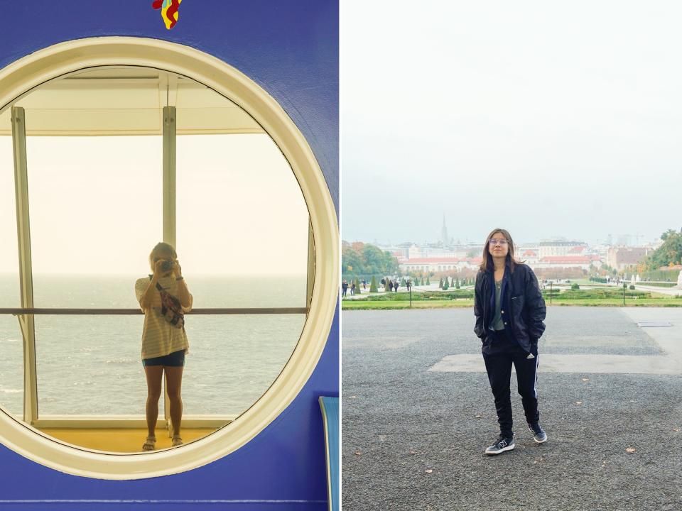 The author travels solo in the Caribbean (L) and in Austria (R).