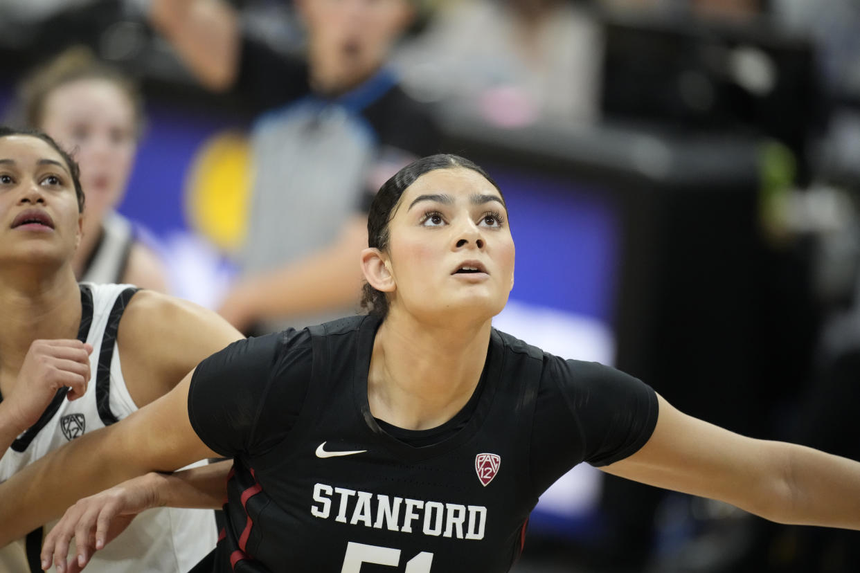 Stanford center Lauren Betts (51) in the second half of an NCAA college basketball game Thursday, Feb. 23, 2023, in Boulder, Colo. (AP Photo/David Zalubowski)