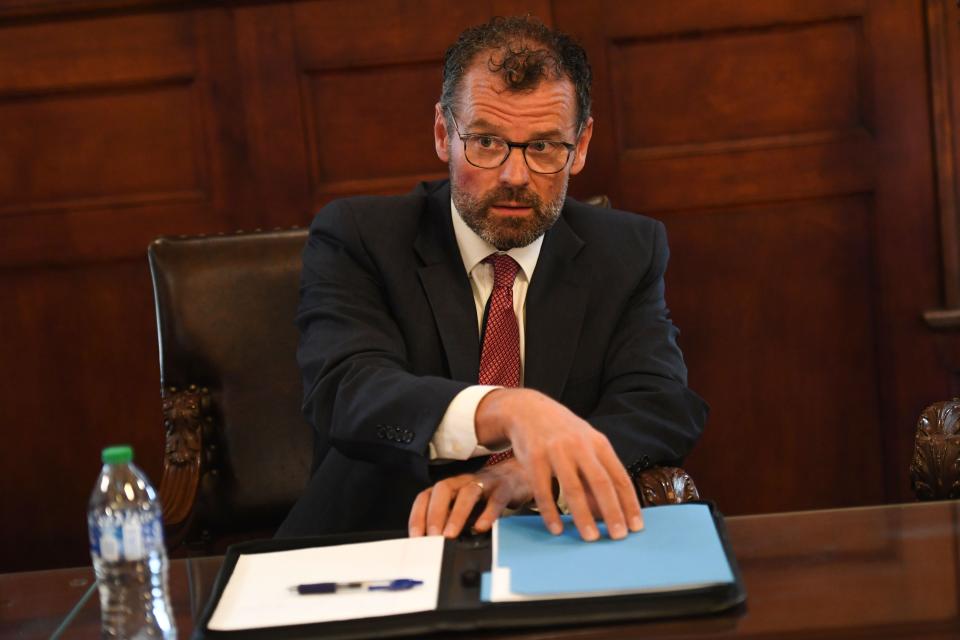 South Dakota Secretary of Social Services Matt Althoff discusses state efforts regarding child welfare during an interview with the Argus Leader and South Dakota Searchlight in the Governor’s Office at the State Capitol on Tuesday, Sept. 26, 2023.