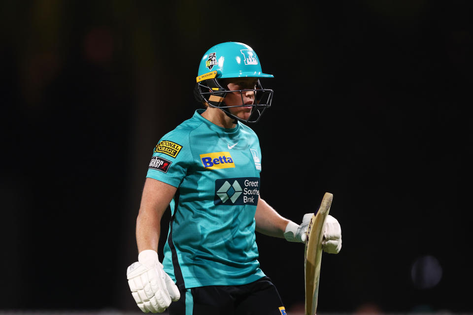 BRISBANE, AUSTRALIA - OCTOBER 25: Grace Harris of the Heat is dismissed during the Women's Big Bash League match between the Brisbane Heat and the Sydney Thunder at Allan Border Field, on October 25, 2022, in Brisbane, Australia. (Photo by Chris Hyde/Getty Images)