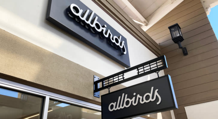 A photo of the Allbirds sign outside a retail store in Livermore, California.