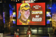 FILE - In this Dec. 5, 2003, file photo, NASCAR Winston Cup champion Matt Kenseth makes his acceptance speech during awards ceremonies in New York. Former NASCAR champion Matt Kenseth will once again come out of retirement to compete for Chip Ganassi Racing as the replacement for fired driver Kyle Larson. The team instead announced Monday, Aril 27, 2020, it will go with two-time Daytona 500 winner Kenseth for the remainder of the season. (Tim Parks/News and Sentinel via AP, File)