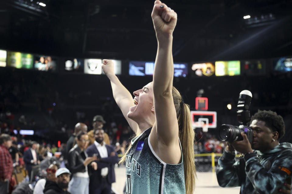 Sabrina Ionescu celebrates the victory. (Ian Maule/AP Photo)