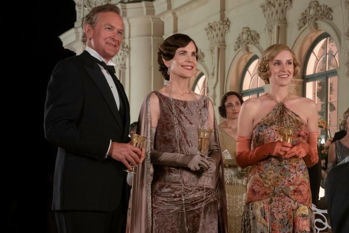 From left, Hugh Bonneville, Elizabeth McGovern and Laura Carmichael in a scene from &quot;Downton Abbey: A New Era.&quot;