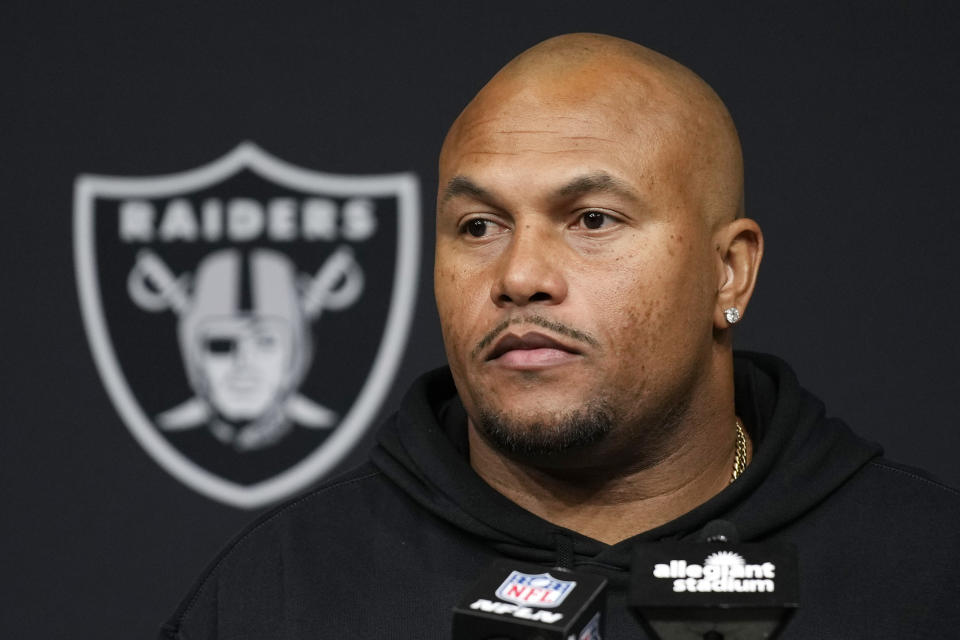 Las Vegas Raiders interim head coach Antonio Pierce attends a news conference after an NFL football game against the Kansas City Chiefs, Sunday, Nov. 26, 2023, in Las Vegas. (AP Photo/John Locher)