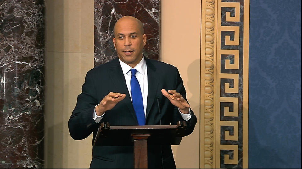 In this image from video, Sen. Cory Booker, D-N.J., speaks on the Senate floor about the impeachment trial against President Donald Trump at the U.S. Capitol in Washington, Tuesday, Feb. 4, 2020. The Senate will vote on the Articles of Impeachment on Wednesday afternoon, Feb. 5. (Senate Television via AP)