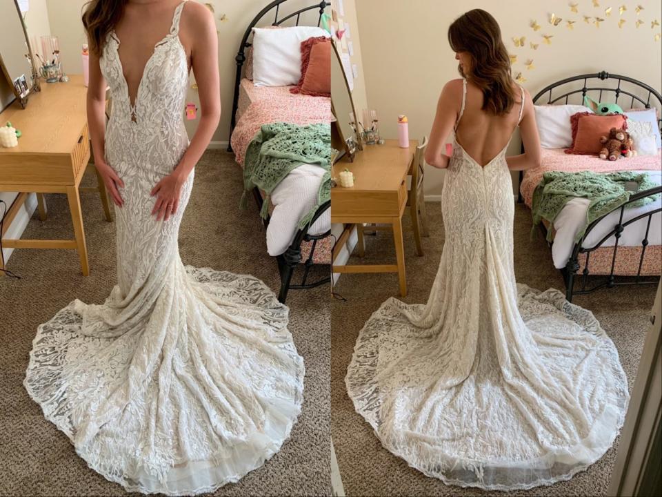 A front-and-back photo of a woman in a wedding dress.